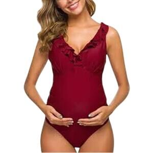 Tempotrek Maternity One Piece Swimsuit Burgundy Ruffle Flounce, Medium